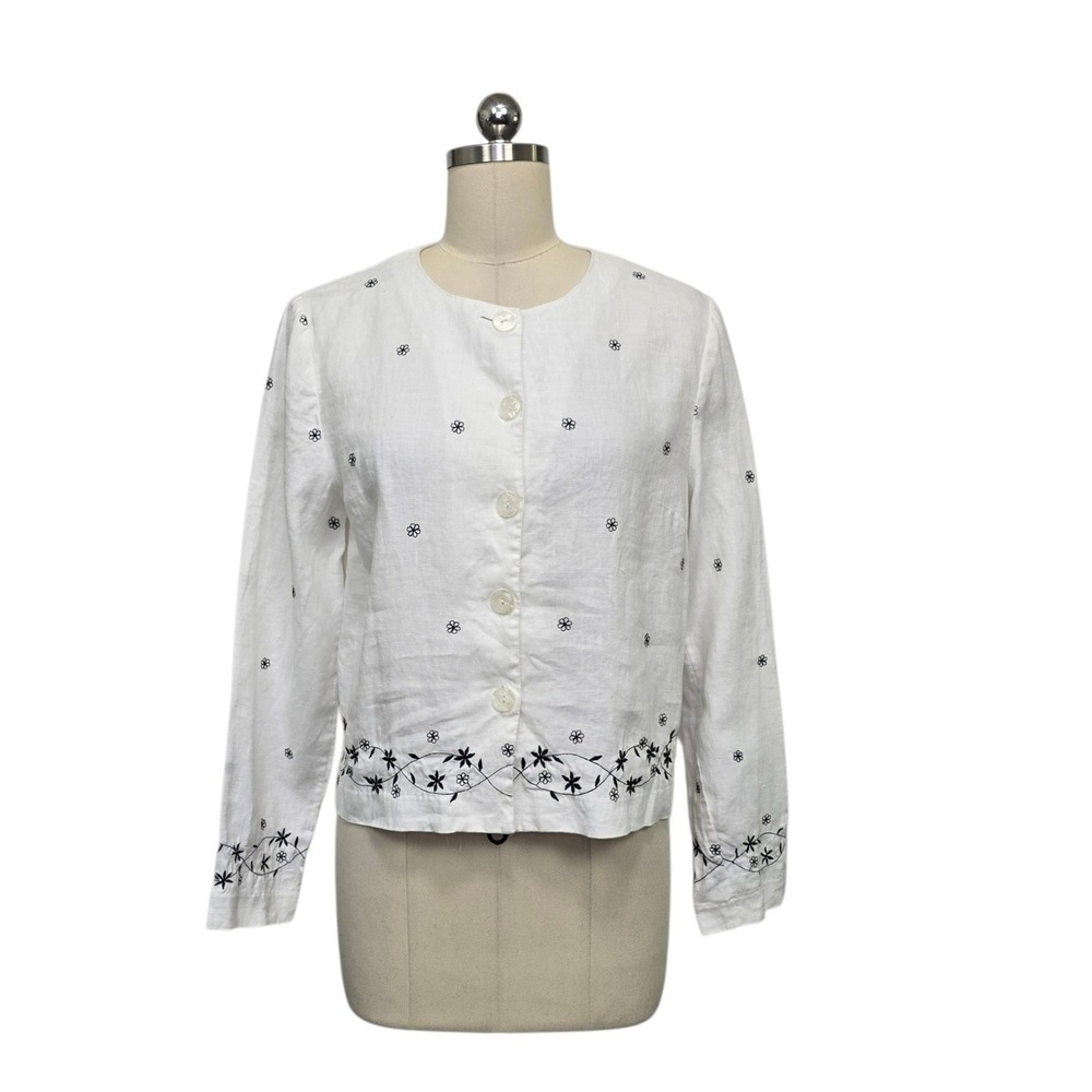 Sandra White‎ 100% Linen Floral Embroidered Button Up Jacket Womens Size 8